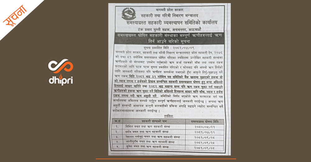 बागमती प्रदेशका समस्याग्रस्त घोषित ५ सहकारीका ऋणीलाई भदौभित्र ऋण तिर्न ताकेता